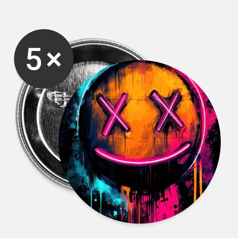 Neon-Graffiti-Smiley mit X-Augen - Buttons groß 56 mm (5er Pack) - Weiß