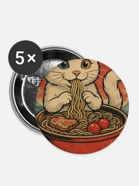 Katzenramen Ukiyo-E Retro - Buttons groß 56 mm (5er Pack) - Weiß