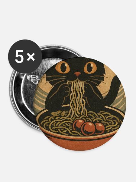 Katzennudelschüssel in den Wellen des Meeres, Katzen - Buttons groß 56 mm (5er Pack) - Weiß