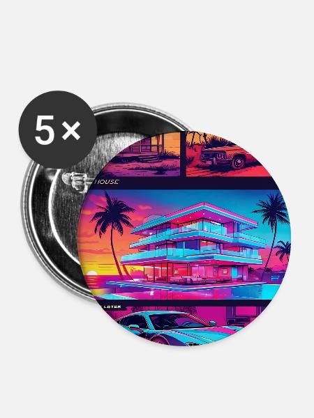 PROFISPIELER VILLA - Neon Synthwave Gaming Art - Buttons groß 56 mm (5er Pack) - Weiß
