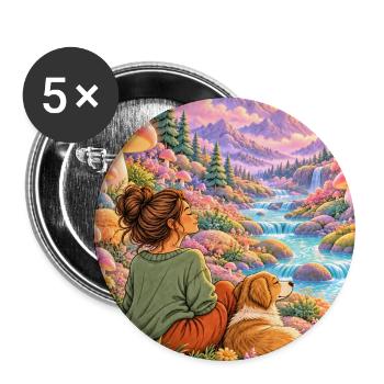 Frau und Hund im Zauberwald - Buttons groß 56 mm (5er Pack) - Weiß - Vorne