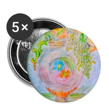 Runde Vase mit verschiedenen Blumen - Buttons groß 56 mm (5er Pack) - Weiß - Vorne