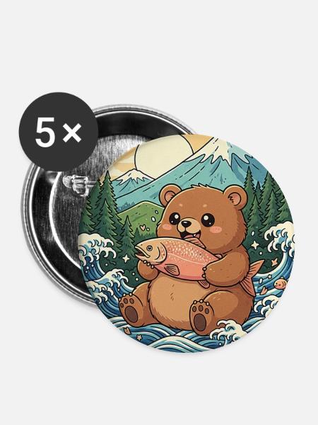 Kawaii Bär Lachs - Buttons groß 56 mm (5er Pack) - Weiß