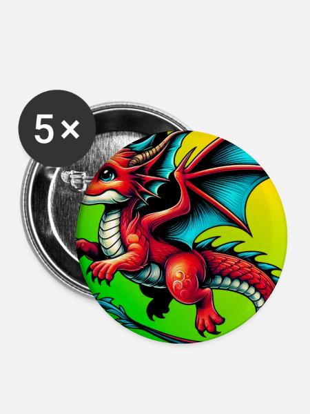 Drache - Buttons groß 56 mm (5er Pack) - Weiß