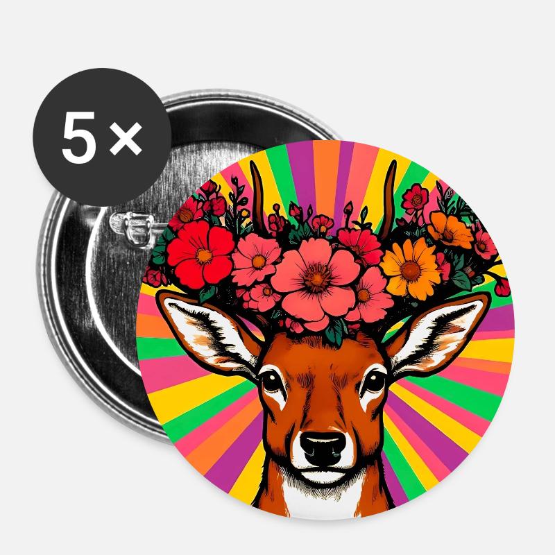 Deer with Flowers - Buttons large 2.2''/56 mm (5-pack) - white