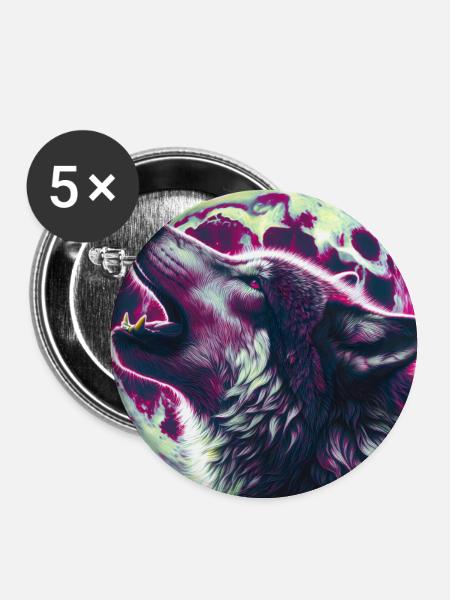 Wolf heult zum Vollmond - Buttons groß 56 mm (5er Pack) - Weiß