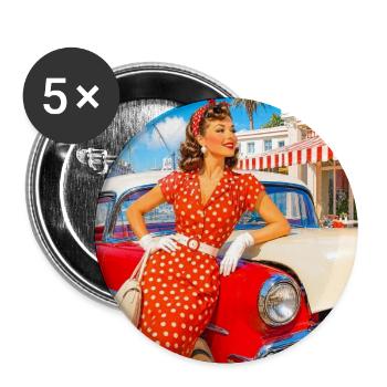 Polka-Punkt-Pinup im roten Kleid - Buttons groß 56 mm (5er Pack) - Weiß - Vorne