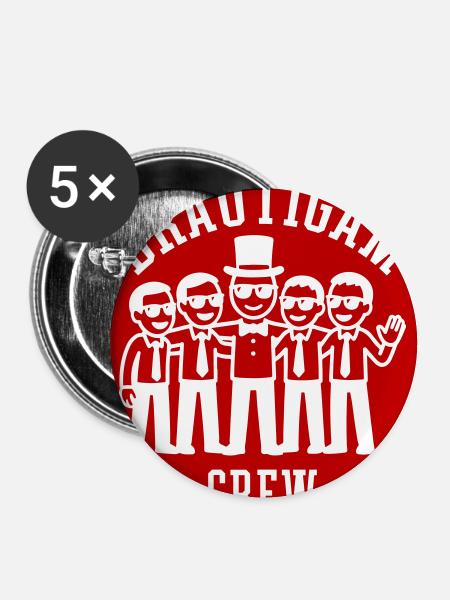 Bräutigam Crew Polterabend - Buttons groß 56 mm (5er Pack) - Weiß