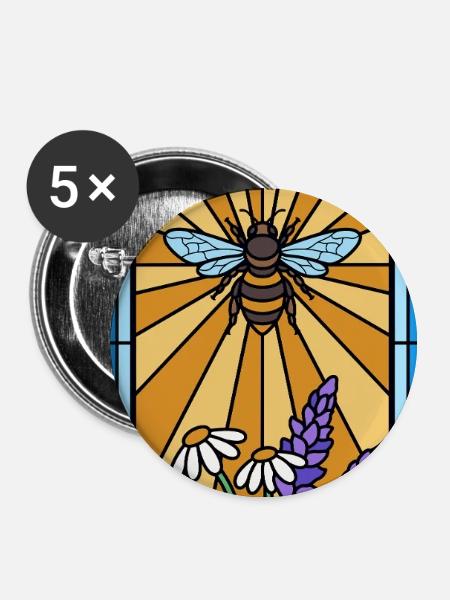 Bienenfenster im Gartenblumen - Buttons groß 56 mm (5er Pack) - Weiß