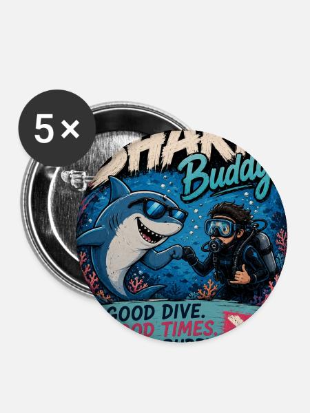 Shark Buddy Taucherabenteuer - Buttons groß 56 mm (5er Pack) - Weiß