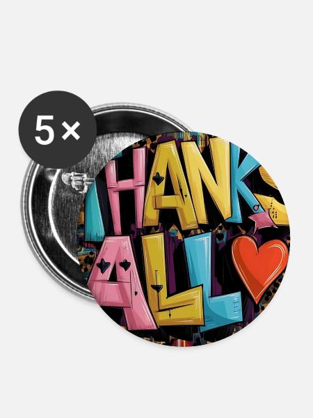 Graffiti-Stil Dankeschön-Herz-Design - Buttons groß 56 mm (5er Pack) - Weiß