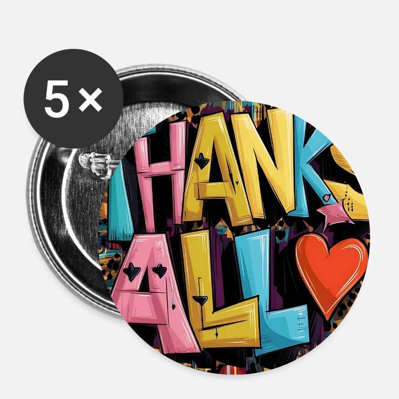 Graffiti-Stil Dankeschön-Herz-Design - Buttons groß 56 mm (5er Pack) - Weiß
