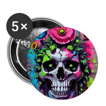 Totenkopf Blumen - Buttons groß 56 mm (5er Pack) - Weiß - Vorne