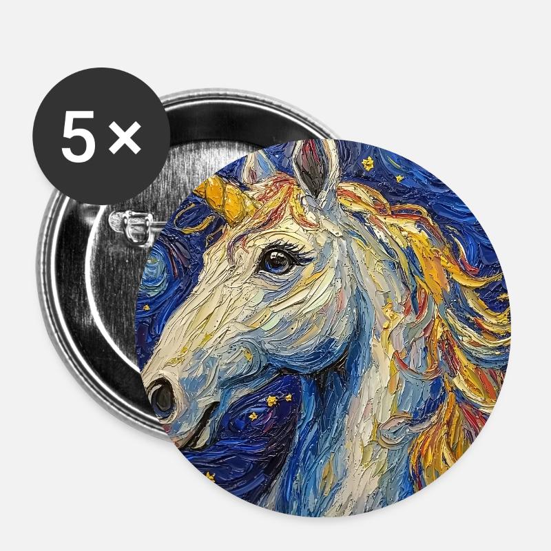 Einhorn Einhörner Unicorn Van Gogh stil - Stora knappar 56 mm (5-pack) - vit