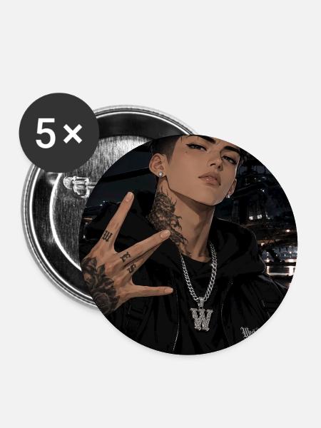 Nachtglanz Tattooheld im Hoodie - Buttons groß 56 mm (5er Pack) - Weiß