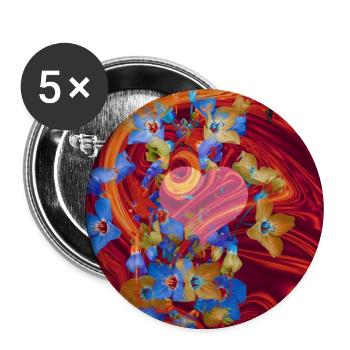 Herz und Blüten mit feurig rotem Hintergrund - Buttons groß 56 mm (5er Pack) - Weiß - Vorne