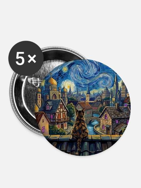 Tabby-Katze Sternennacht-Dorf-Kunst - Buttons groß 56 mm (5er Pack) - Weiß