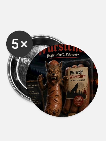 Werwolf Würstchen - Buttons groß 56 mm (5er Pack) - Weiß