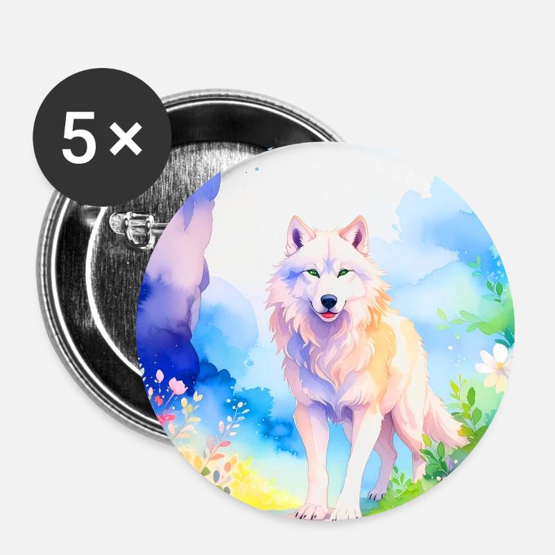 White wolf surrounded by flowers - Buttons large 2.2''/56 mm (5-pack) - white