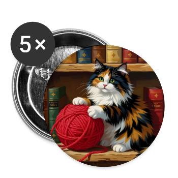 Katzenglanz: Kätzchen mit rotem Garn im Regal - Buttons groß 56 mm (5er Pack) - Weiß - Vorne