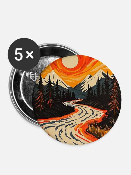 Sonnenuntergang am Waldrand mit Fluss - Buttons groß 56 mm (5er Pack) - Weiß