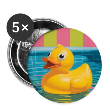Kunterbunte Gummi-Ente im Pool - Buttons groß 56 mm (5er Pack) - Weiß - Vorne