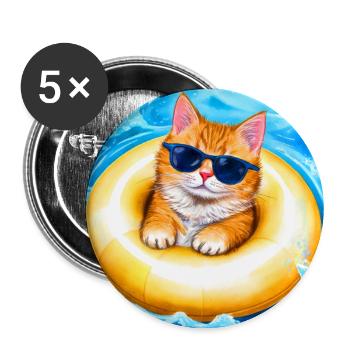 Katze im gelben Schwimmreifen - Buttons groß 56 mm (5er Pack) - Weiß - Vorne