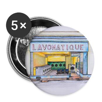 Laverie automatique Lavomatique Dessin Art - Lot de 5 grands badges (56 mm) - blanc - Devant