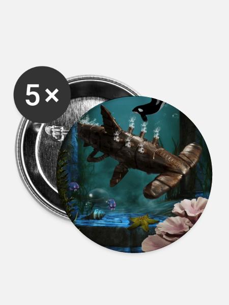 Toller Steampunk-Hammerhai - Buttons groß 56 mm (5er Pack) - Weiß