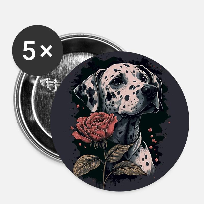 Dalmatien avec rose rouge - Lot de 5 grands badges (56 mm) - blanc