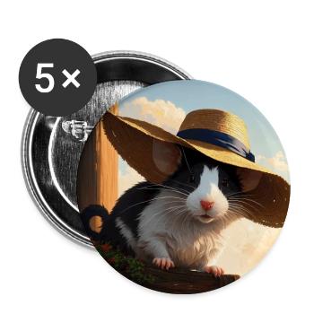 Süßes Haustier Ratte Strohhut Fancy Ratte Kunstwerk - Buttons groß 56 mm (5er Pack) - Weiß - Vorne