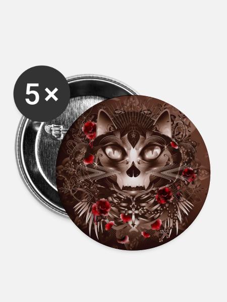 dunkle geheimnisvolle Katze im Rosengarten - Buttons groß 56 mm (5er Pack) - Weiß