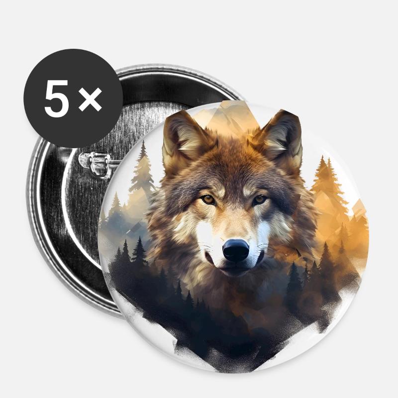 Wolf with mountains - Buttons large 2.2''/56 mm (5-pack) - white