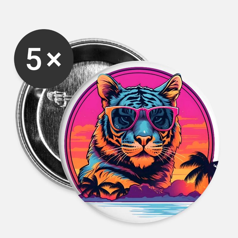 Synthwave Tiger Sunset - Buttons large 2.2''/56 mm (5-pack) - white
