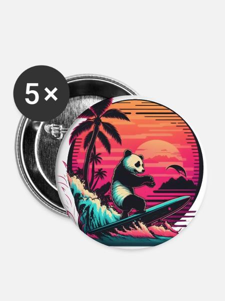 Synthwave surfing Panda Sunset - Buttons groß 56 mm (5er Pack) - Weiß
