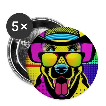DOG POP, ein Hund mit sehr bunten Brillen - Buttons groß 56 mm (5er Pack) - Weiß - Vorne