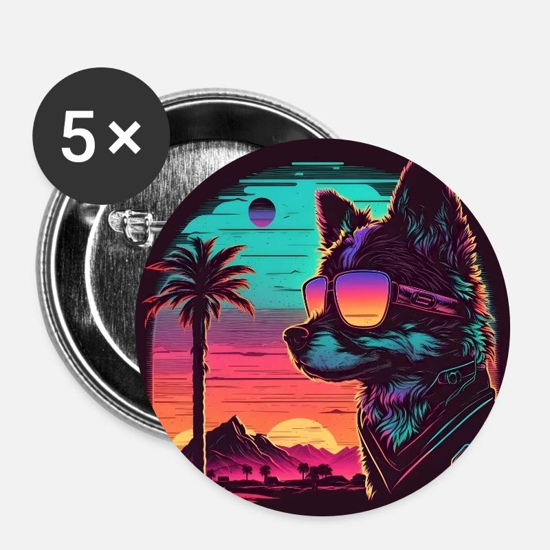 Synthwave dog sunset - Buttons large 2.2''/56 mm (5-pack) - white