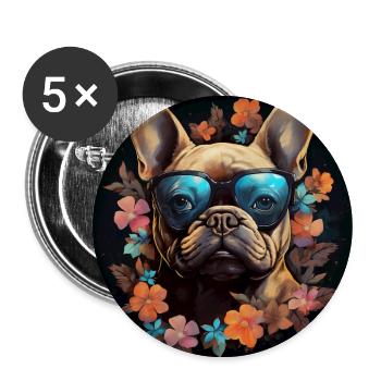 Bouledogue français avec des fleurs - Lot de 5 grands badges (56 mm) - blanc - Devant