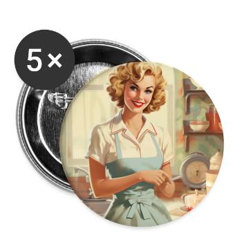 Vintage Hausfrau 50er Jahre - Retro Küche & Backen - Buttons groß 56 mm (5er Pack) - Weiß - Vorne