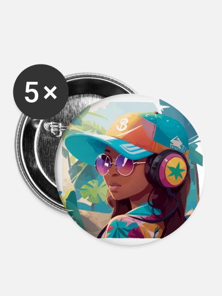 Mädchen mit Kopfhörern - Buttons groß 56 mm (5er Pack) - Weiß