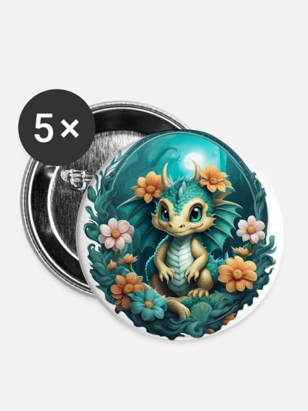 Drache - Buttons groß 56 mm (5er Pack) - Weiß