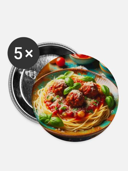 Spaghetti mit Fleisch - Buttons groß 56 mm (5er Pack) - Weiß