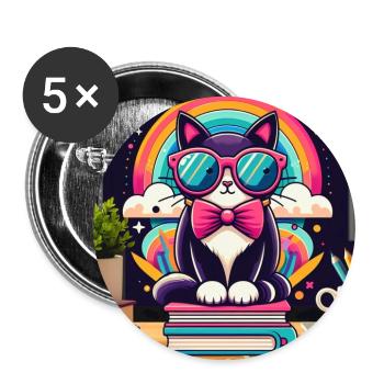 Fleißige Katze mit Brille - Buttons groß 56 mm (5er Pack) - Weiß - Vorne