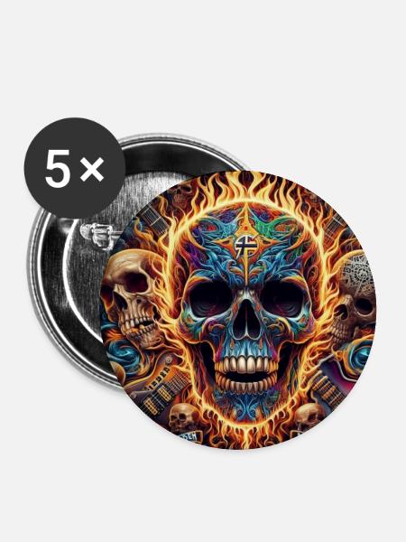 Totenkopf mit gekreuzten Gitarren - Buttons groß 56 mm (5er Pack) - Weiß
