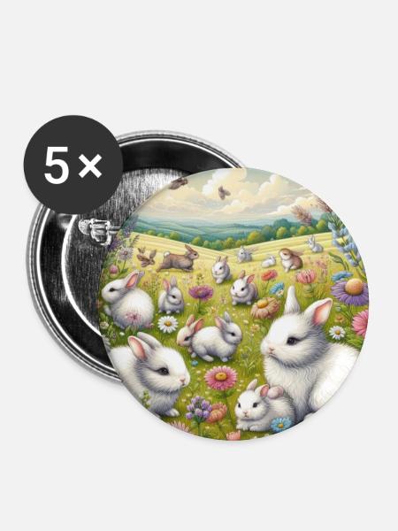 Kaninchen in einem Blumenfeld - Buttons groß 56 mm (5er Pack) - Weiß