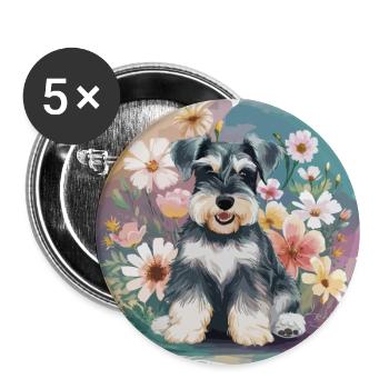 Schnauzer mit Blumen - Buttons groß 56 mm (5er Pack) - Weiß - Vorne