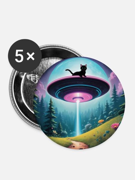 Ufo mit Kätzchen - Buttons groß 56 mm (5er Pack) - Weiß