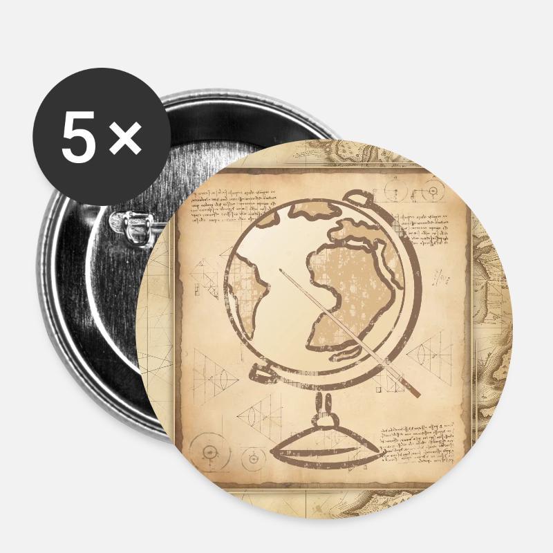 Géographie - Globe & Pointer / Carte du Vieux Monde - Lot de 5 grands badges (56 mm) - blanc