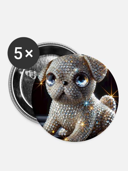 Funkelnder Hund im Diamant-Look - Buttons groß 56 mm (5er Pack) - Weiß