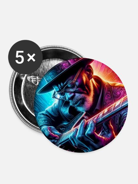 Retro Neon Effekte Gitarrist - Buttons groß 56 mm (5er Pack) - Weiß